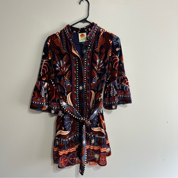 Farm Rio Nature Beauty Blue Scarf Short Dress In Blue Multi - Size S - Picture 4 of 7